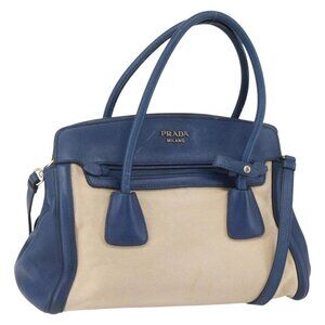 PRADA Hand Bag Canvas 2way Beige Blue Auth